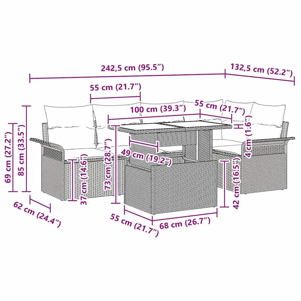 Modular Garden Sofa Set Black Poly Rattan 6 Pieces Outdoor Furniture