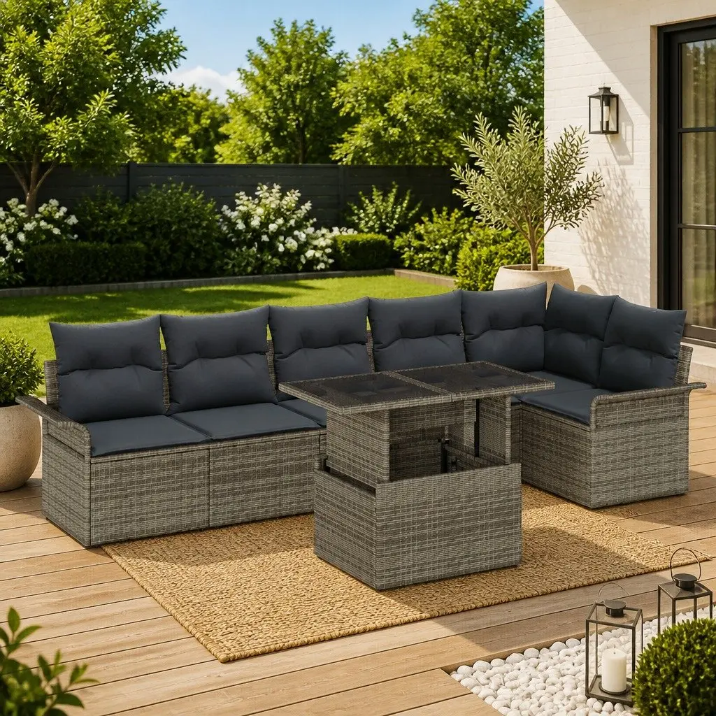 7 Piece Grey Poly Rattan Garden Sofa Set with Cushions Outdoor Modular Lounge
