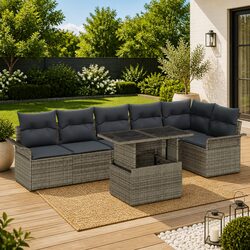 7 Piece Grey Poly Rattan Garden Sofa Set with Cushions Outdoor Modular Lounge