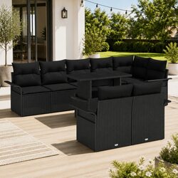 9 Piece Modular Outdoor Garden Sofa Set with Cushions Black Poly Rattan Patio