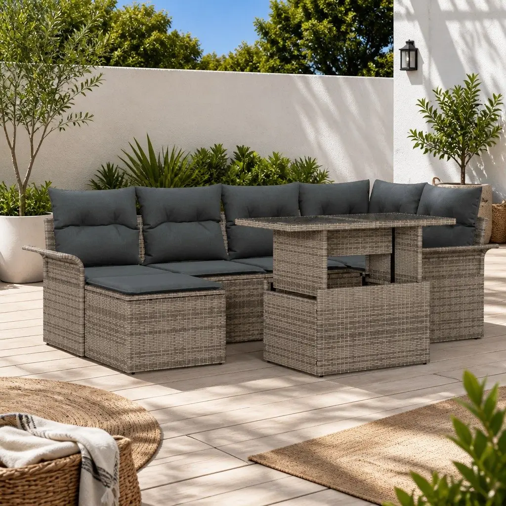 Modular Garden Sofa Set 7 Piece Grey Poly Rattan with Removable Cushions and Tempered Glass Table