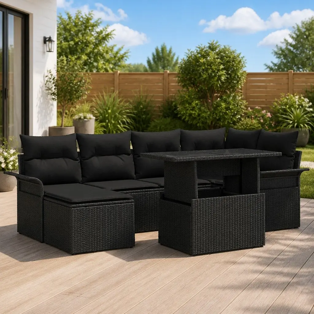 Modular Outdoor Garden Sofa Set 7 Piece Black Poly Rattan Sectional