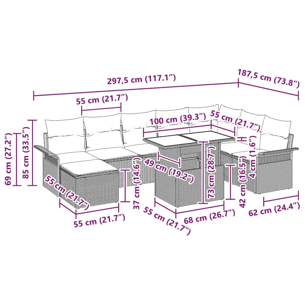 Garden Sofa Set 9 Pieces Modular Outdoor Patio Furniture Grey Rattan Steel Frame