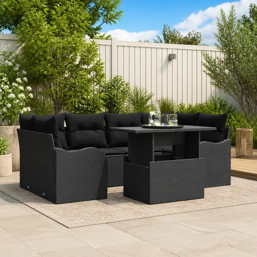 Garden Sofa Set Modular Black Poly Rattan 7 Piece with Cushions