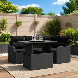 Garden Sofa Set 5 Pieces Outdoor Seating Black Poly Rattan Modular with Cushions