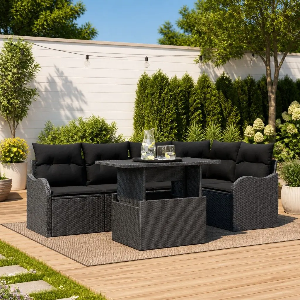 Modular Garden Sofa Set Black Poly Rattan Outdoor Seating 6 Pieces