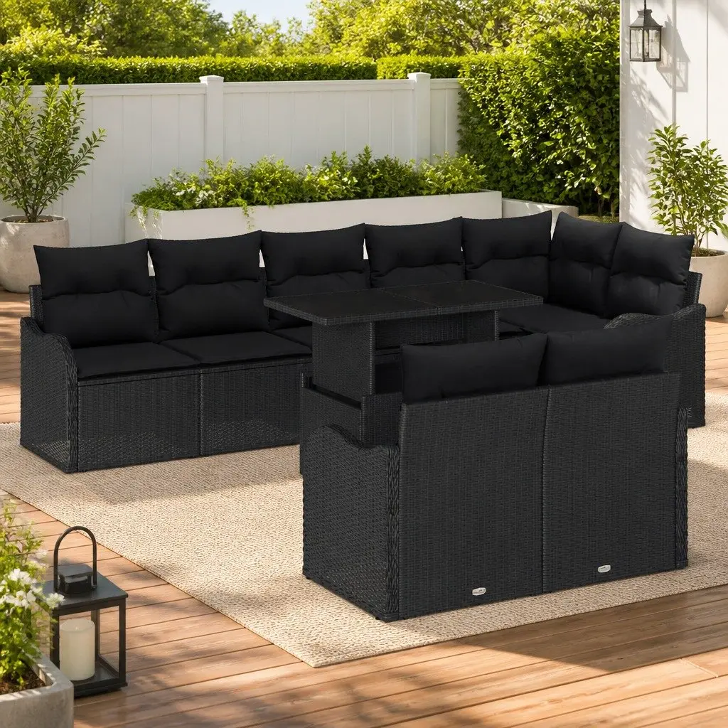 Garden Sofa Set Modular Outdoor Seating 9 Pieces Black Poly Rattan with Cushions
