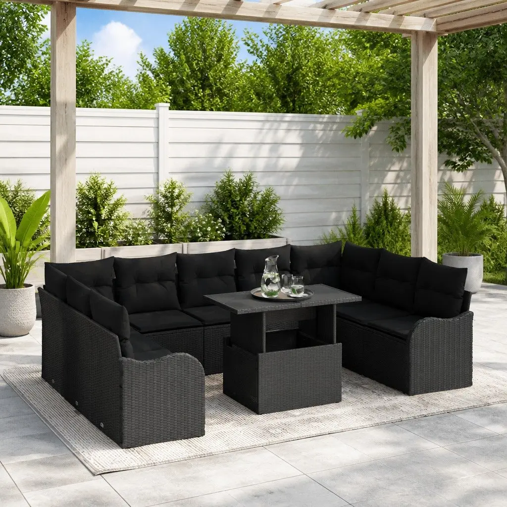 Modular Garden Sofa Set Black Poly Rattan 10 Piece Outdoor Seating with Cushions