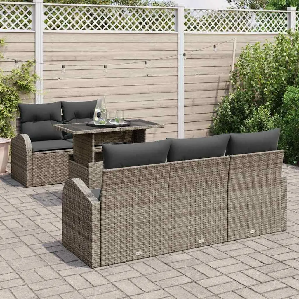 Modular Garden Sofa Set 6pcs Grey Poly Rattan Outdoor Seating with Cushions