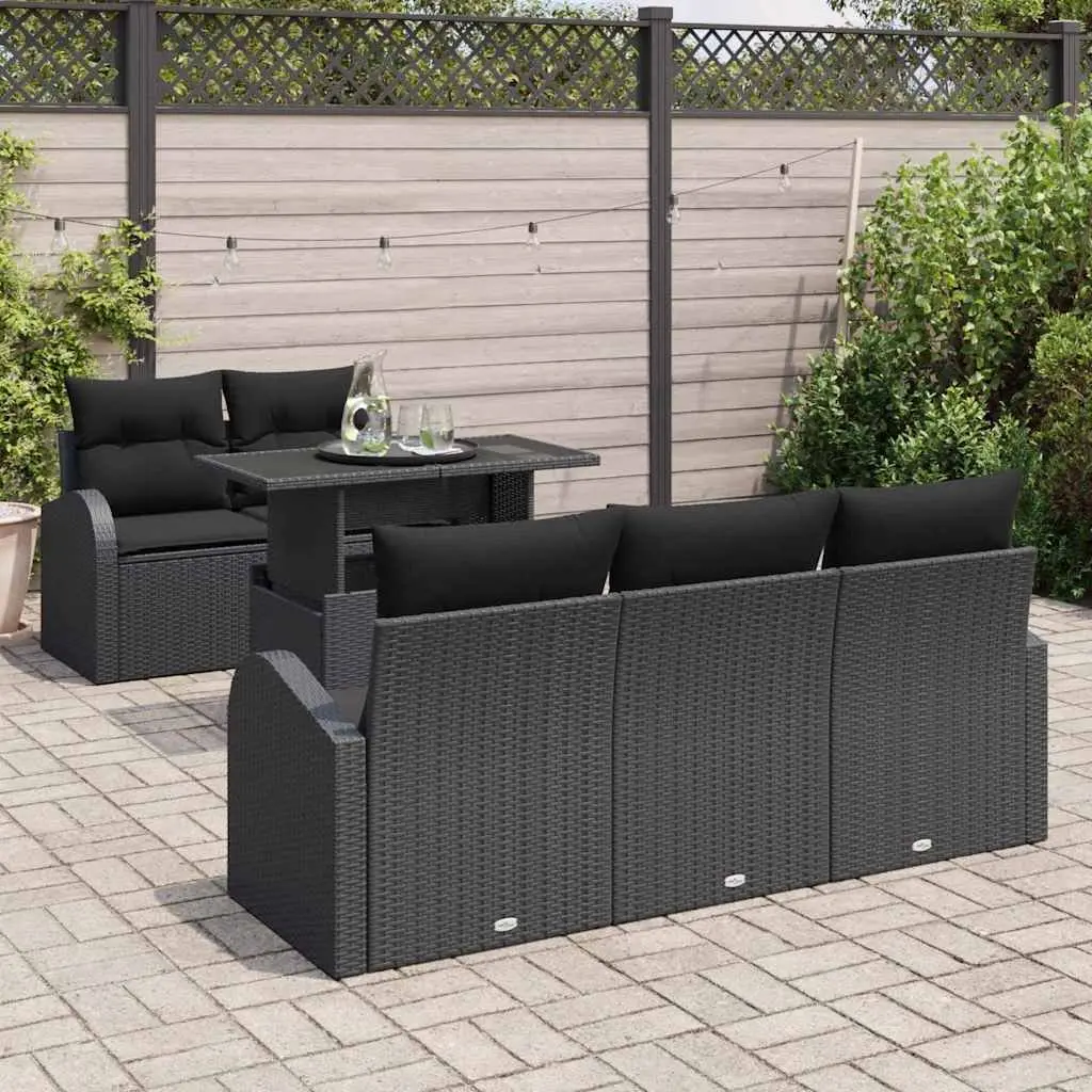 Modular Garden Sofa Set 6 Pieces Black Poly Rattan Outdoor Seating with Cushions