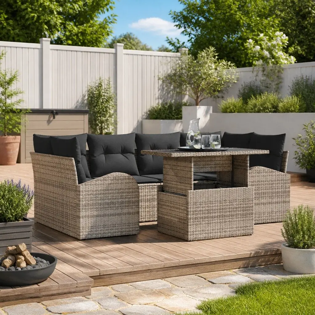Modular Garden Sofa Set Contemporary Grey 7 Pieces with Glass Table Outdoor Seating