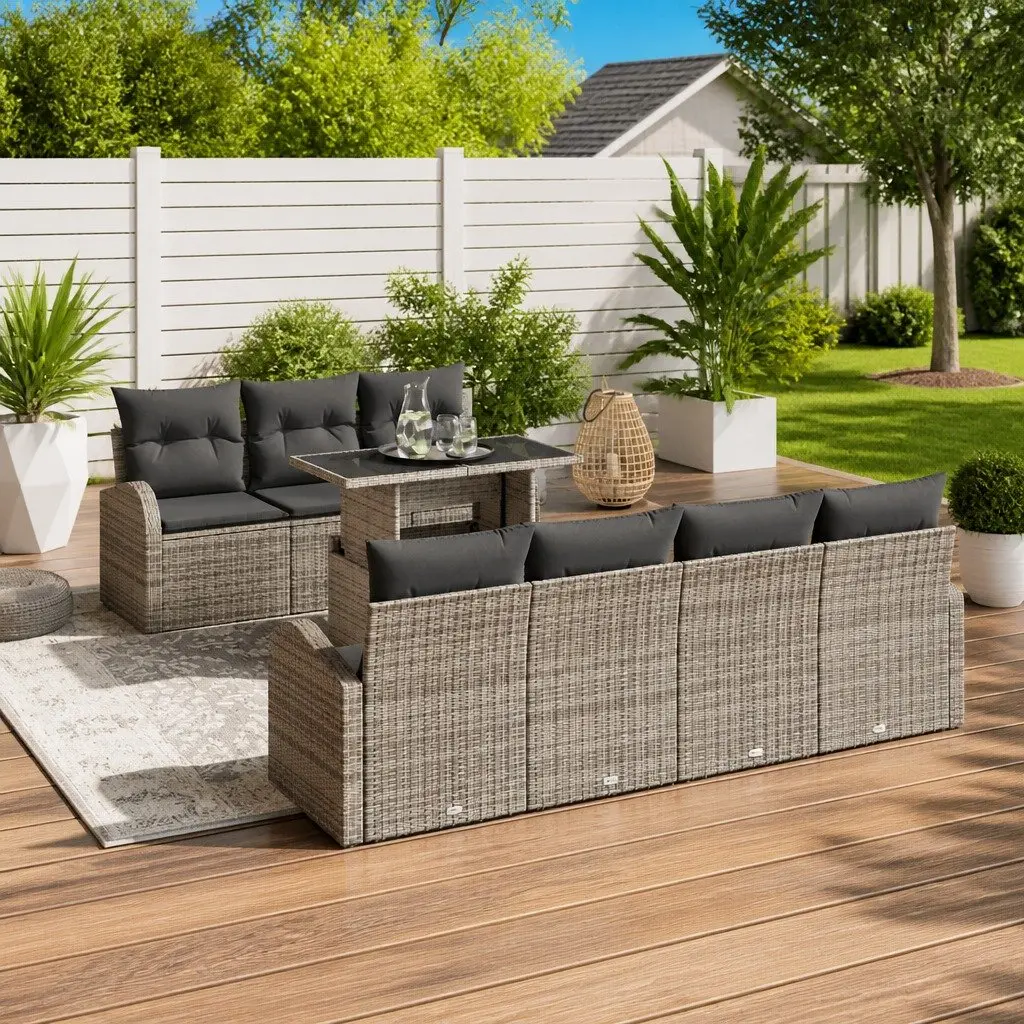 Garden Sofa Set Modular Grey Poly Rattan 8 Piece Outdoor Seating with Cushions