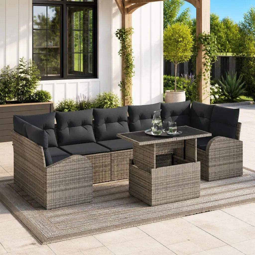 Garden Sofa Set Modular Outdoor Seating Grey Poly Rattan 8 Piece with Cushions