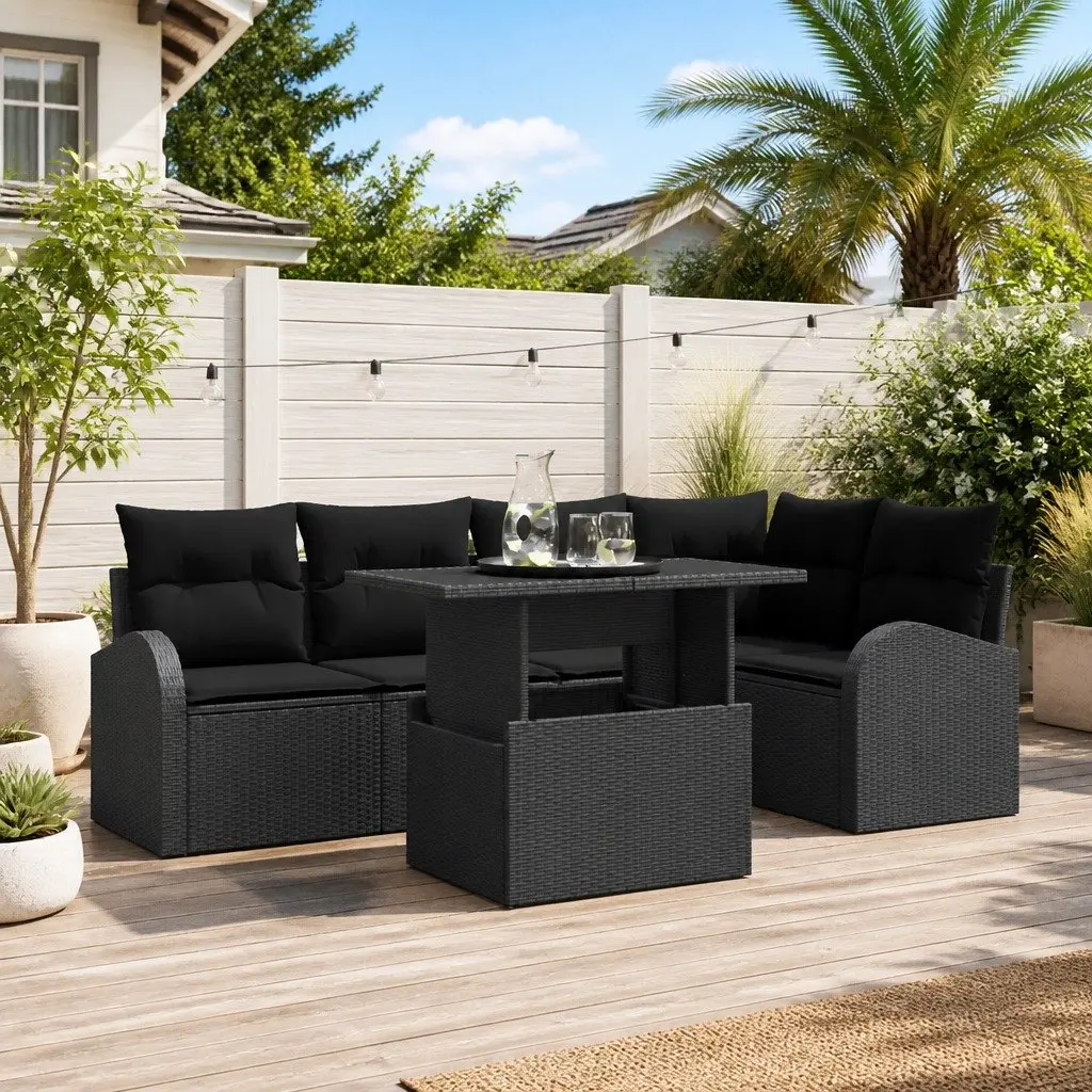 Outdoor Garden Sofa Set Modular Black Poly Rattan 6 Piece with Cushions