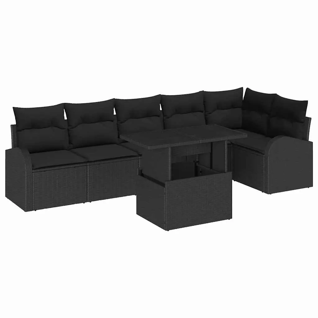 7 Piece Modular Garden Sofa Set Outdoor Seating Poly Rattan with Tempered Glass Table and Polyester Cushions