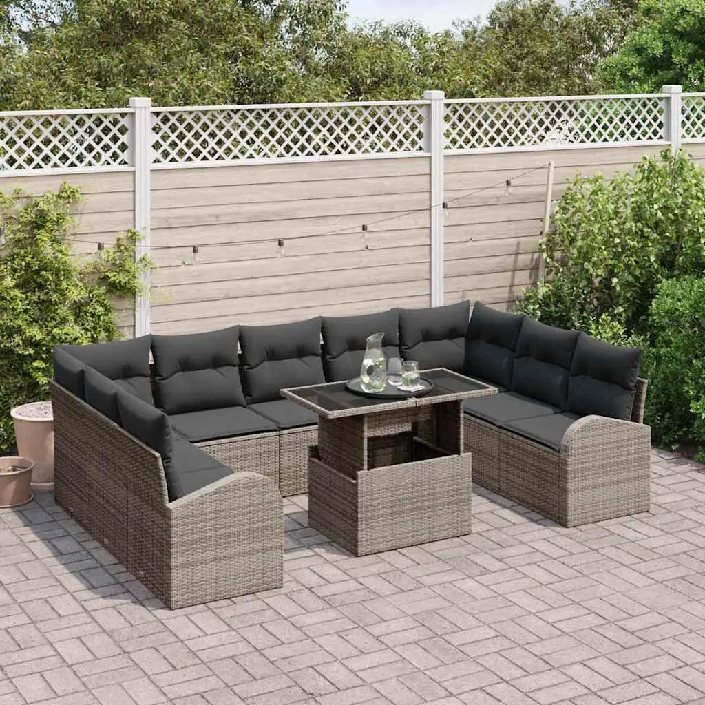 Modular Garden Sofa Set 10 Pieces Grey Poly Rattan Outdoor Furniture with
