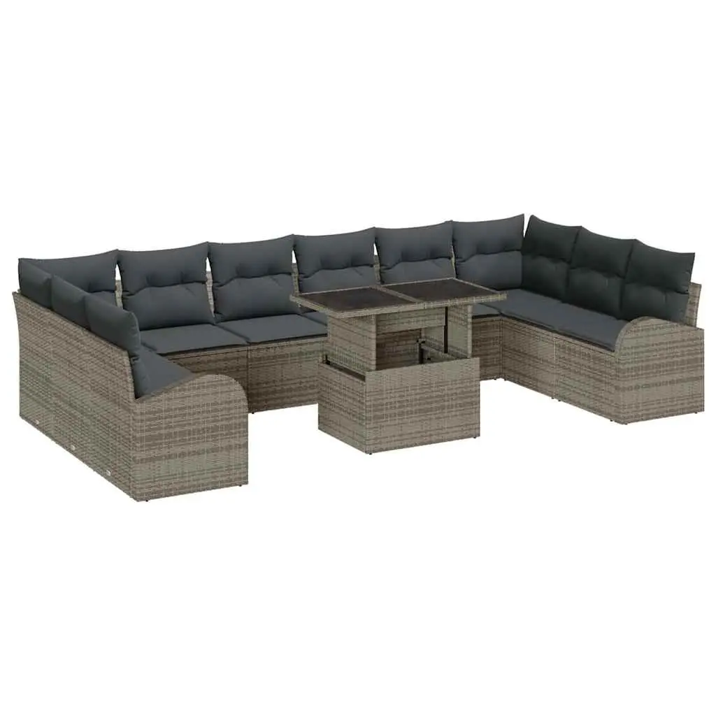 Garden Sofa Set Modular Outdoor Furniture Grey Poly Rattan with Glass Top Table 11 Pieces
