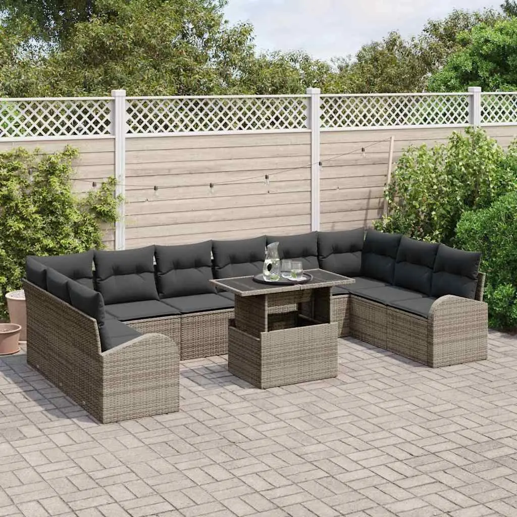 Garden Sofa Set Modular Outdoor Furniture Grey Poly Rattan with Glass Top Table 11 Pieces