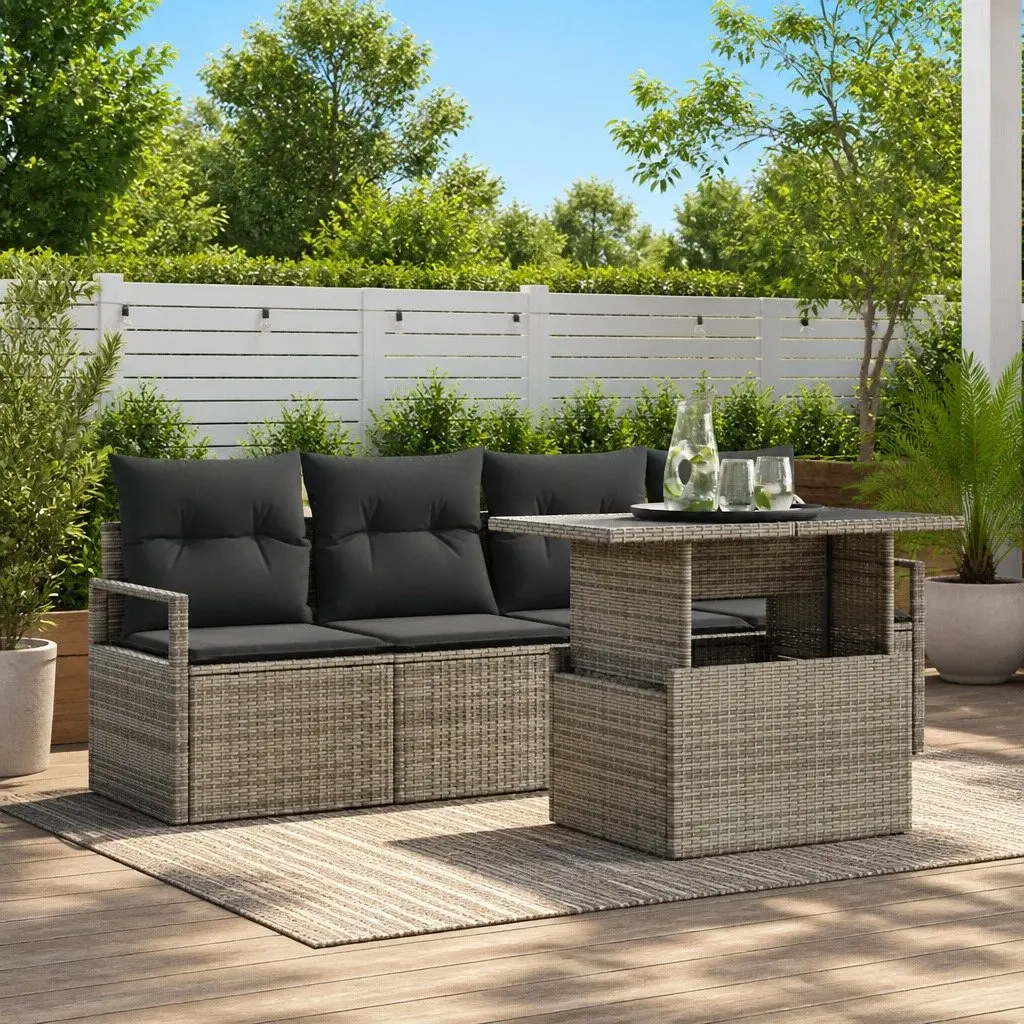 Modular Garden Sofa Set Grey Poly Rattan 5 Pieces Outdoor Furniture