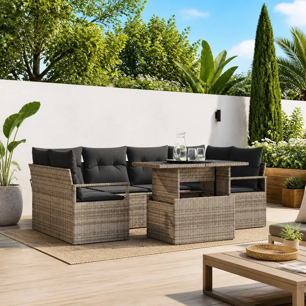 Modular Outdoor Garden Sofa Set Grey Weather Resistant Poly Rattan 7 Piece Furniture with Storage