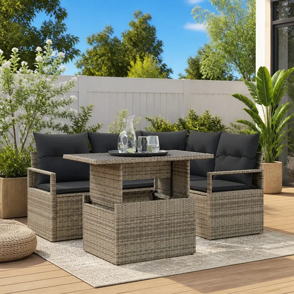 Grey Poly Rattan Garden Sofa Set Modular Sectional 5 Piece Outdoor Furniture