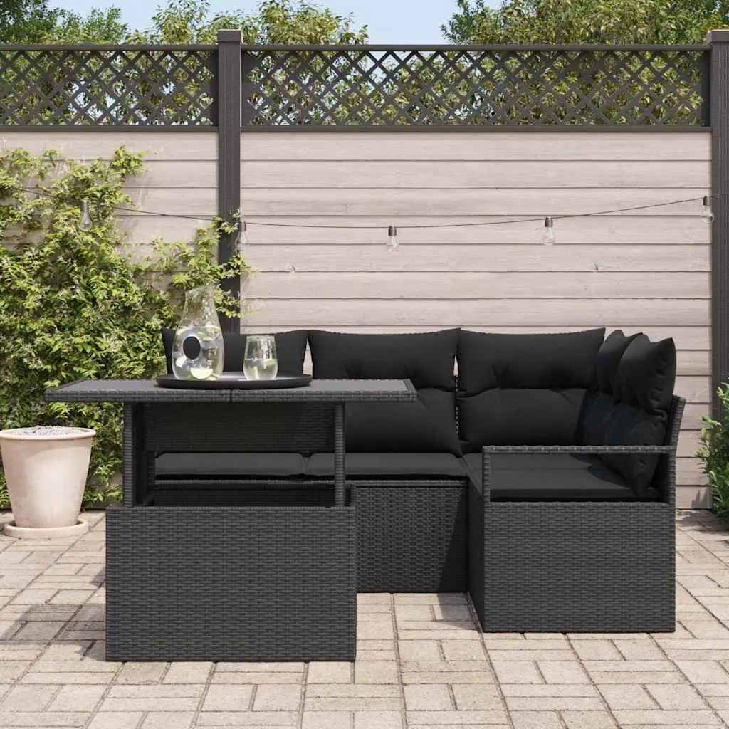Garden Sofa Set Modular Black Poly Rattan 5 Pieces Outdoor Furniture
