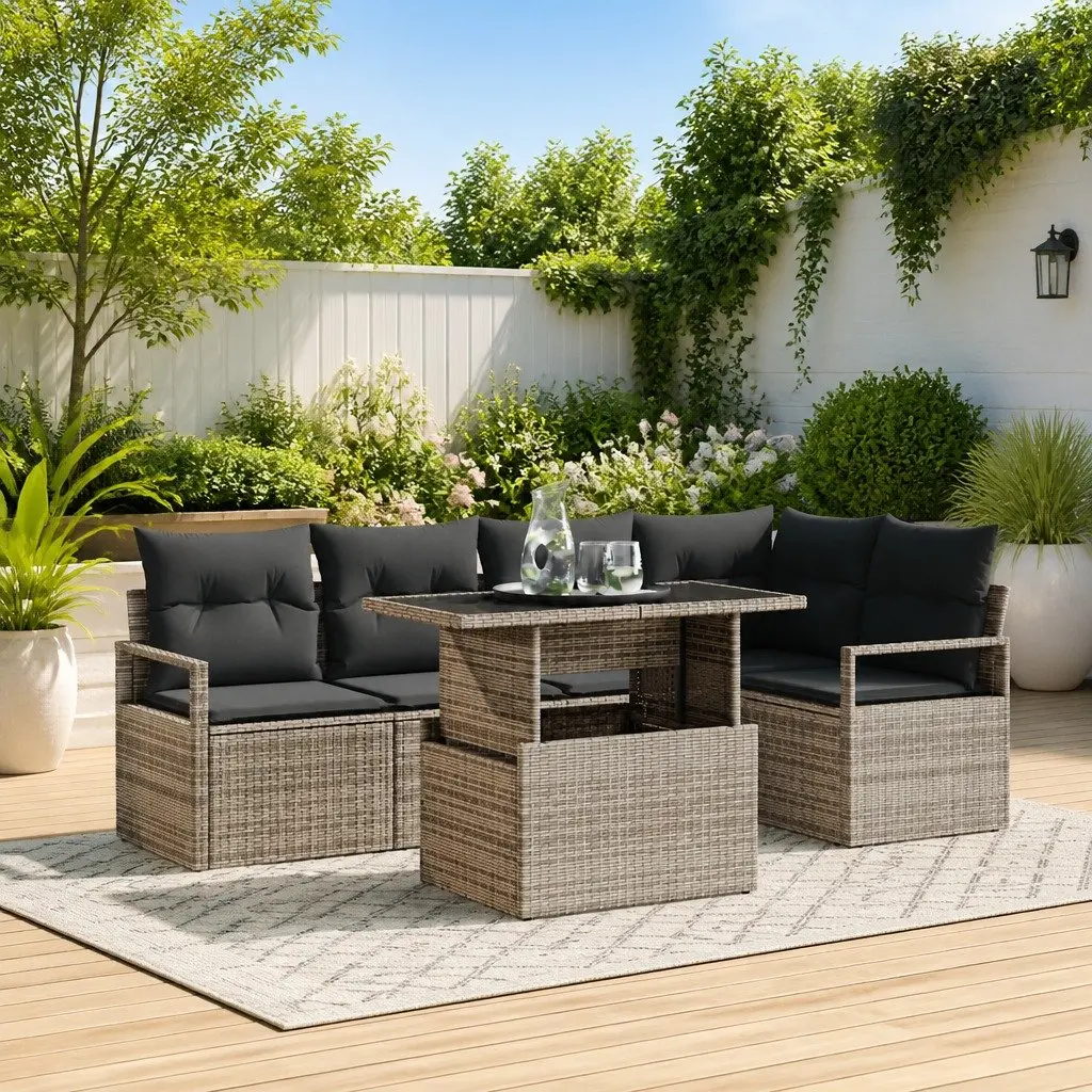 Garden Sofa Set Modular Outdoor Seating Grey Poly Rattan with Tempered Glass 6 Piece