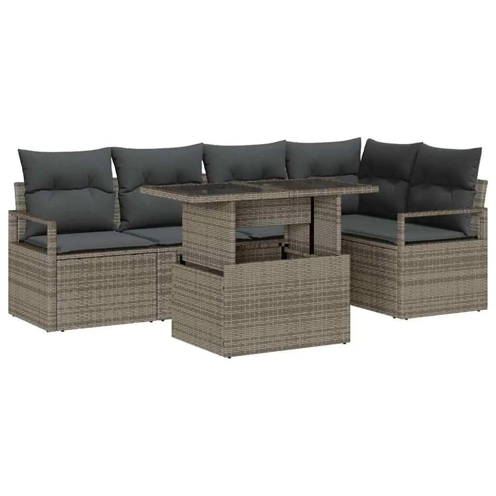 Garden Sofa Set Modular Outdoor Seating Grey Poly Rattan with Tempered Glass 6 Piece