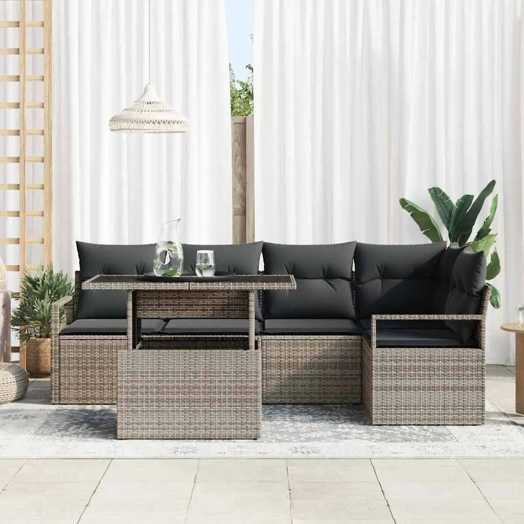 Garden Sofa Set Modular Outdoor Seating Grey Poly Rattan with Tempered Glass 6 Piece