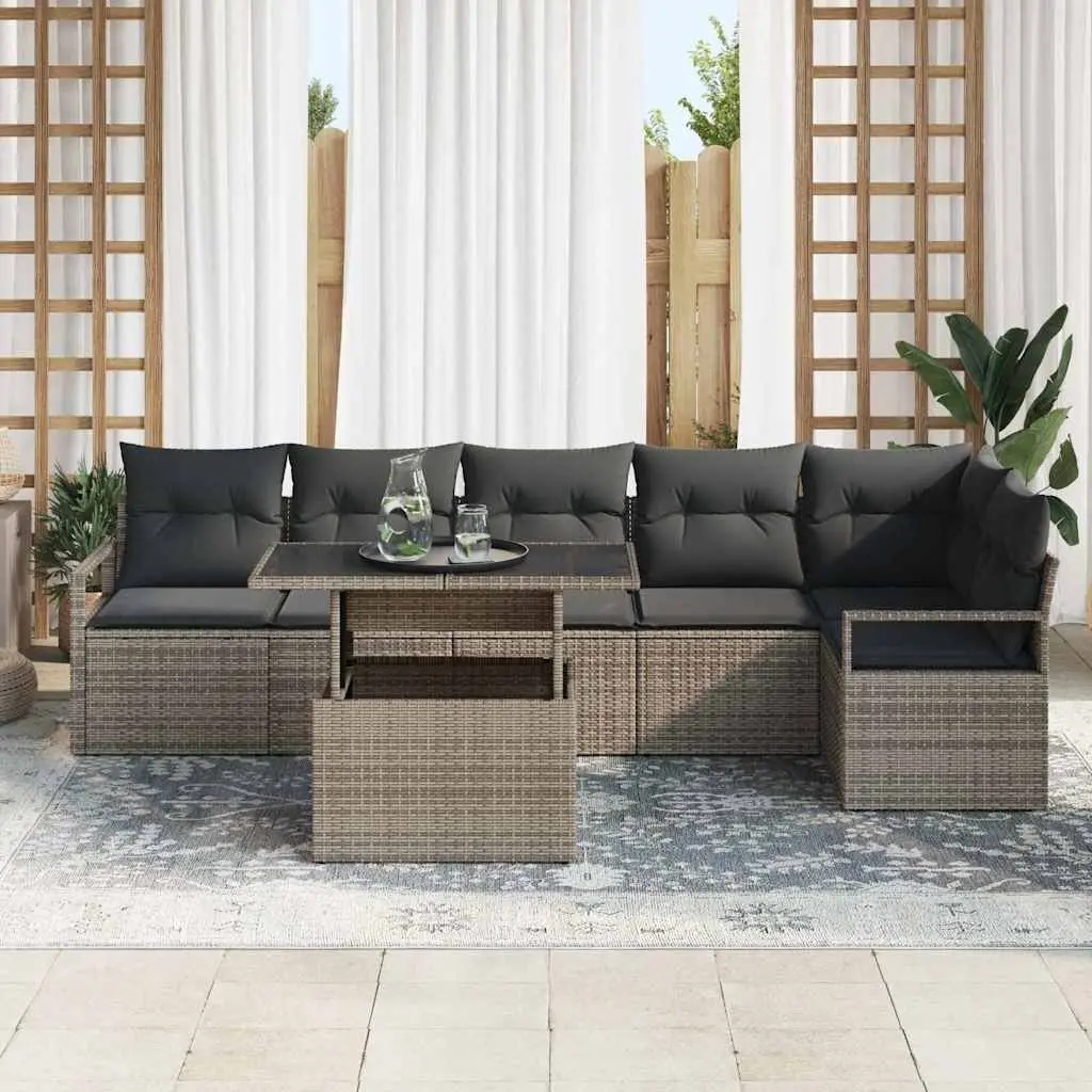 Garden Sofa Set 7-Piece Grey Poly Rattan Sectional with Adjustable Table Height Weather-Resistant Cushions Integrated Storage