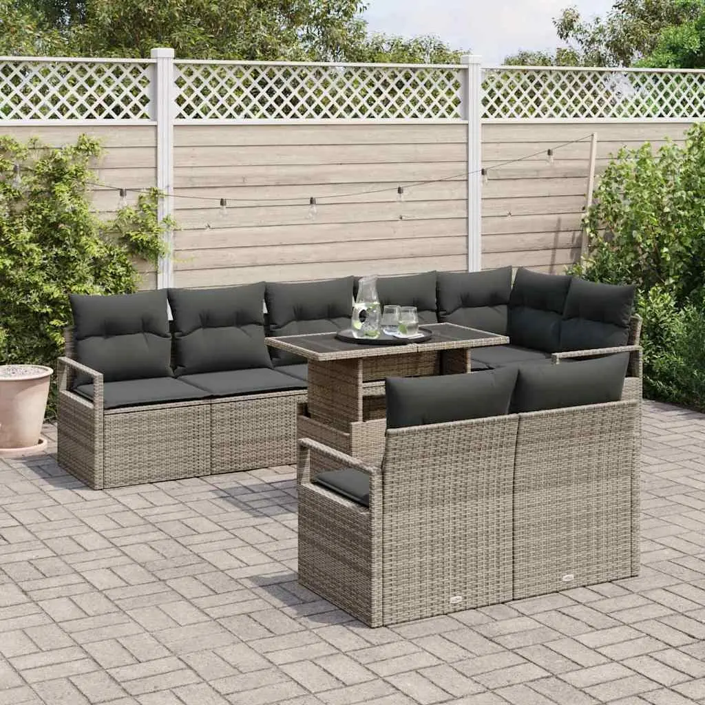 Modular Garden Sofa Set Grey 9 Piece Outdoor Furniture Poly Rattan with Cushions
