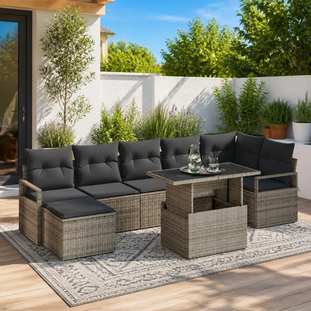 Modular Garden Sofa Set 8 Piece Grey Poly Rattan Outdoor Furniture with Storage