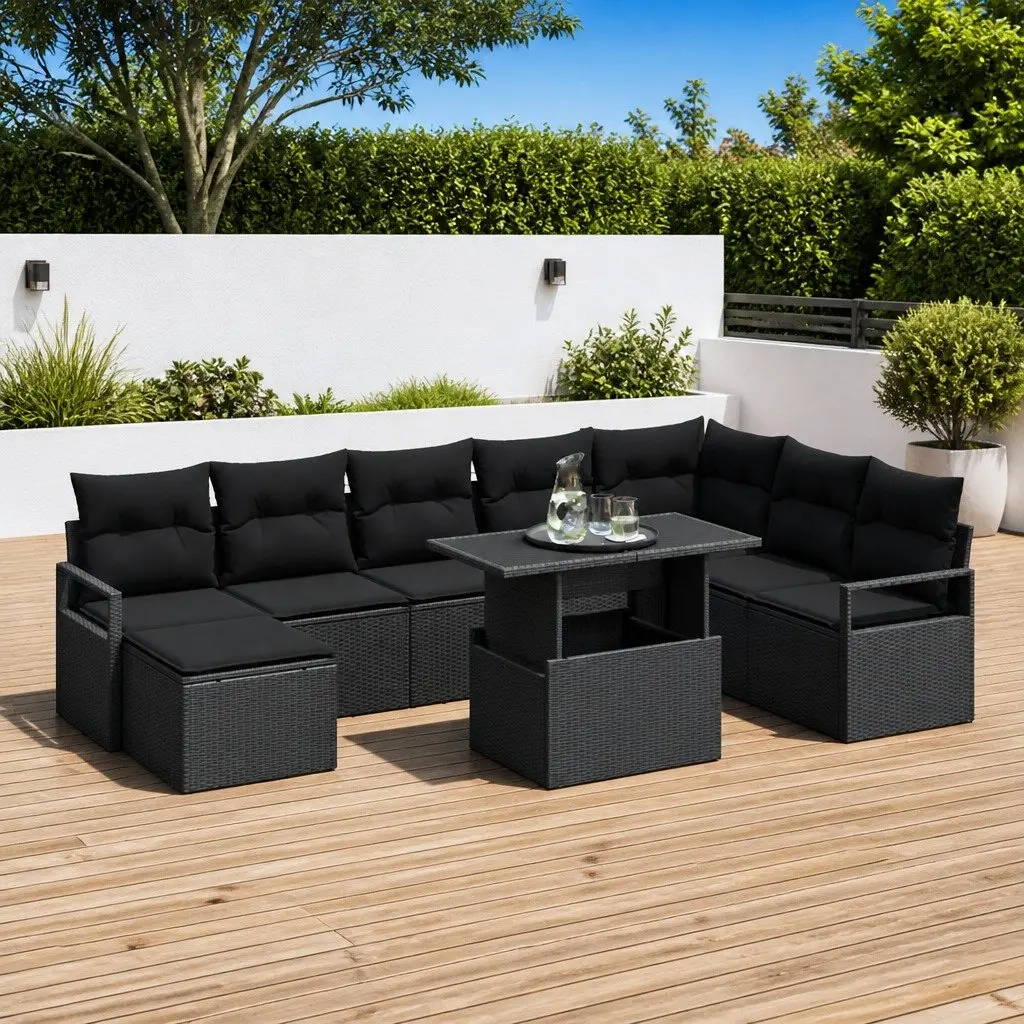 Modular Patio Sofa Set 9 Piece Black Poly Rattan Outdoor Furniture