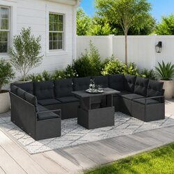 Garden Sofa Set 11 Piece Modular Outdoor Furniture Black Poly Rattan Cushions