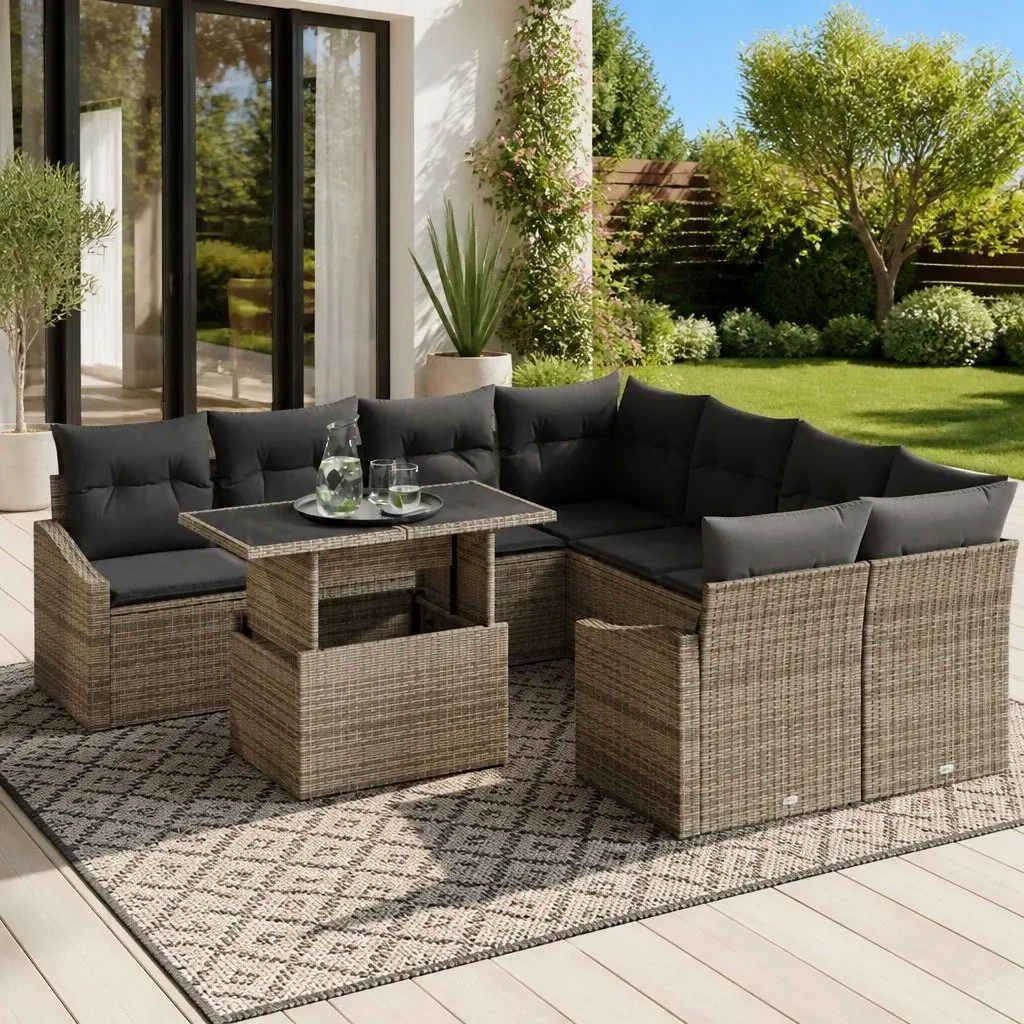 Modular Outdoor Sofa Set 9 Piece Light Grey Poly Rattan Sectional with Cushions and Black Glass Table for Garden and Patio