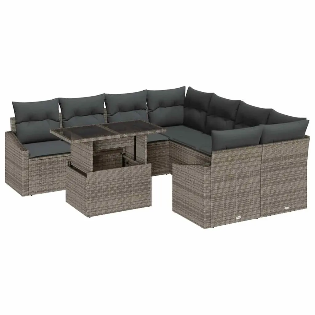Modular Outdoor Sofa Set 9 Piece Light Grey Poly Rattan Sectional with Cushions and Black Glass Table for Garden and Patio