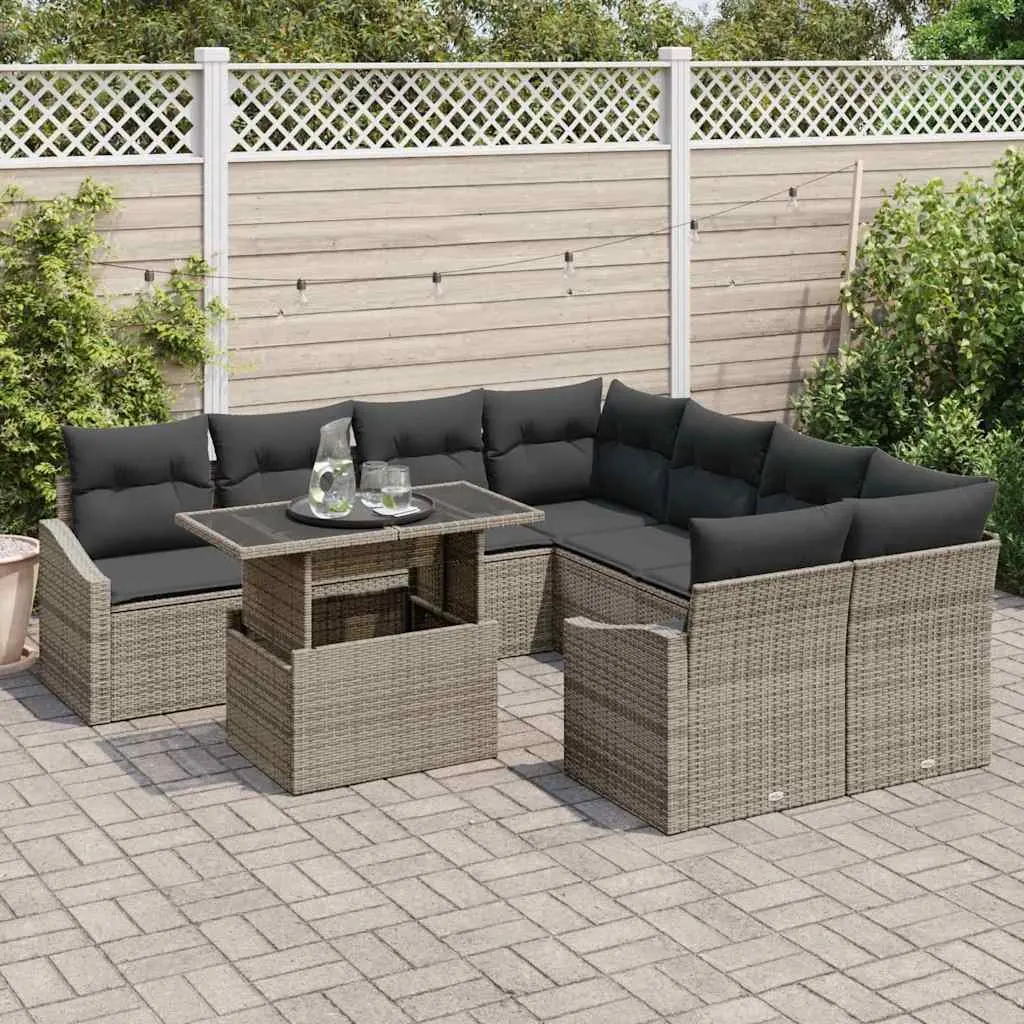 Modular Outdoor Sofa Set 9 Piece Light Grey Poly Rattan Sectional with Cushions and Black Glass Table for Garden and Patio