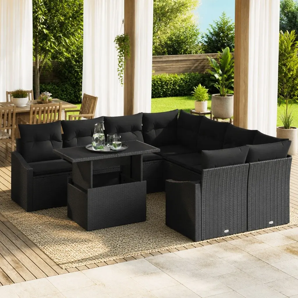 Modular Outdoor Sofa Set Flexible Arrangement 9 Piece Black Poly Rattan with Glass Table