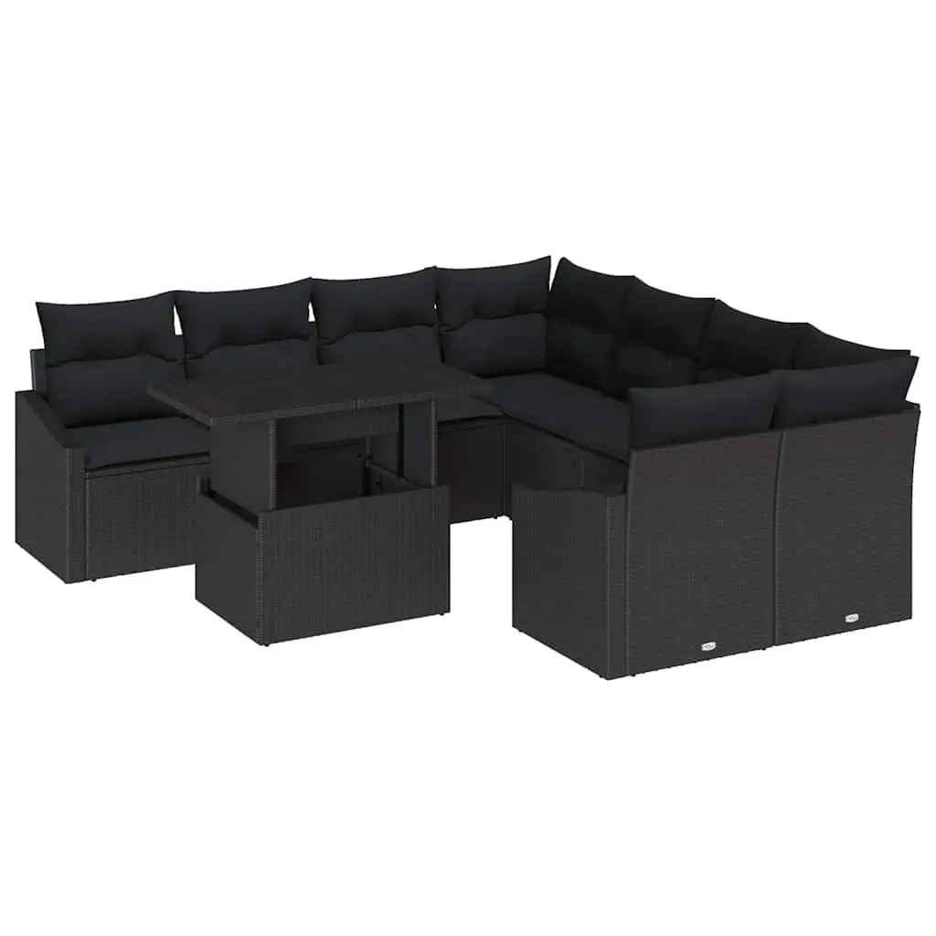 Modular Outdoor Sofa Set Flexible Arrangement 9 Piece Black Poly Rattan with Glass Table