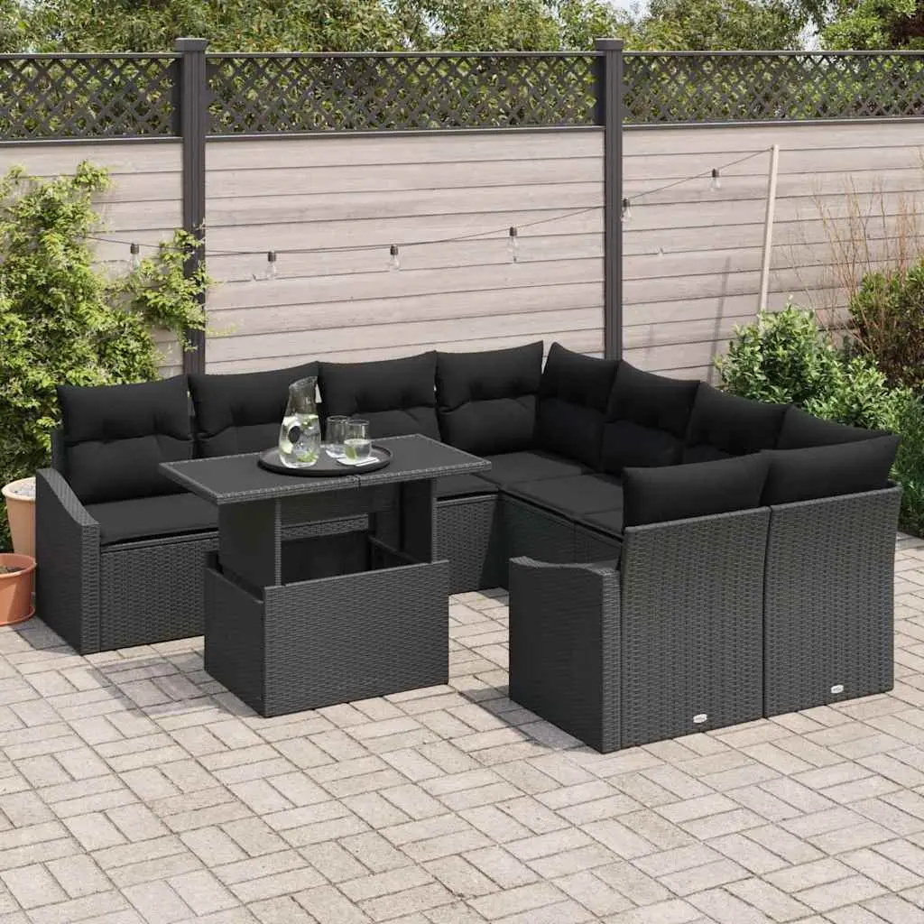 Modular Outdoor Sofa Set Flexible Arrangement 9 Piece Black Poly Rattan with Glass Table