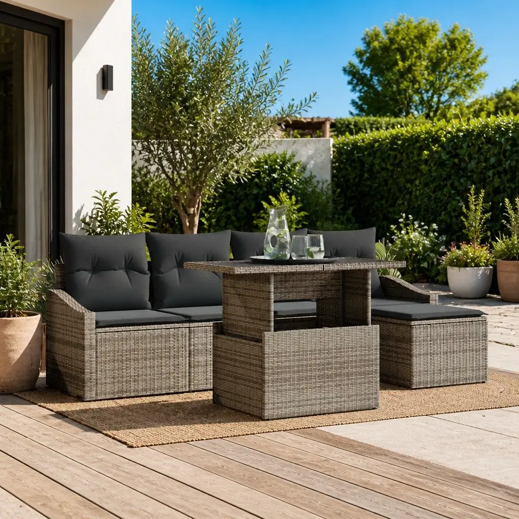 6 Piece Garden Sofa Set Durable Grey Poly Rattan Outdoor Seating with Cushions