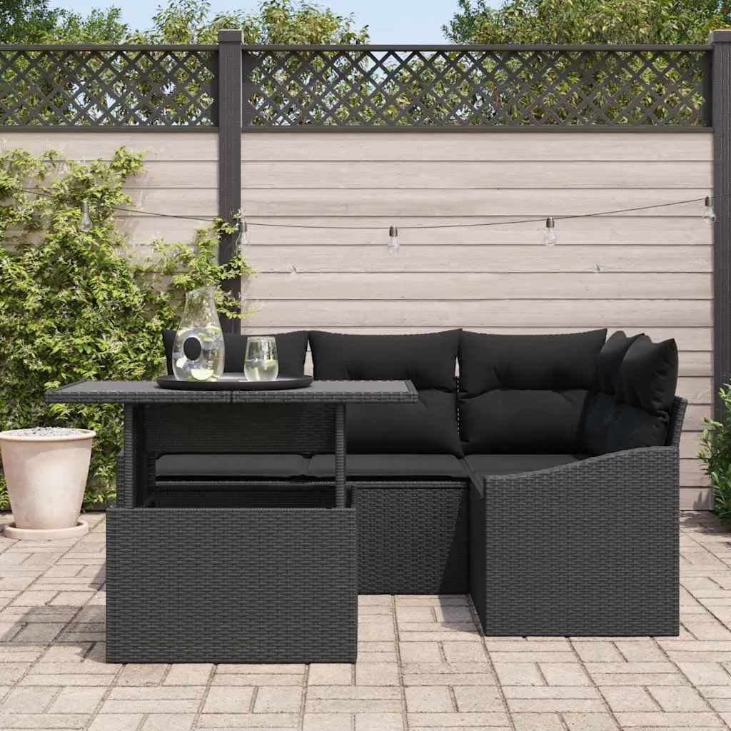 Outdoor Seating Sofa Set Modular Black 5 Pieces Rattan with Glass Table for Garden Patio