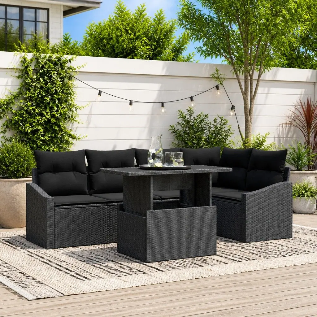 Modular Garden Sofa Set 6 Piece Black Poly Rattan Steel Frame Outdoor Furniture