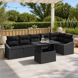 Outdoor Sofa Set 7 Pieces Black Poly Rattan Steel Garden Patio Seating Modular