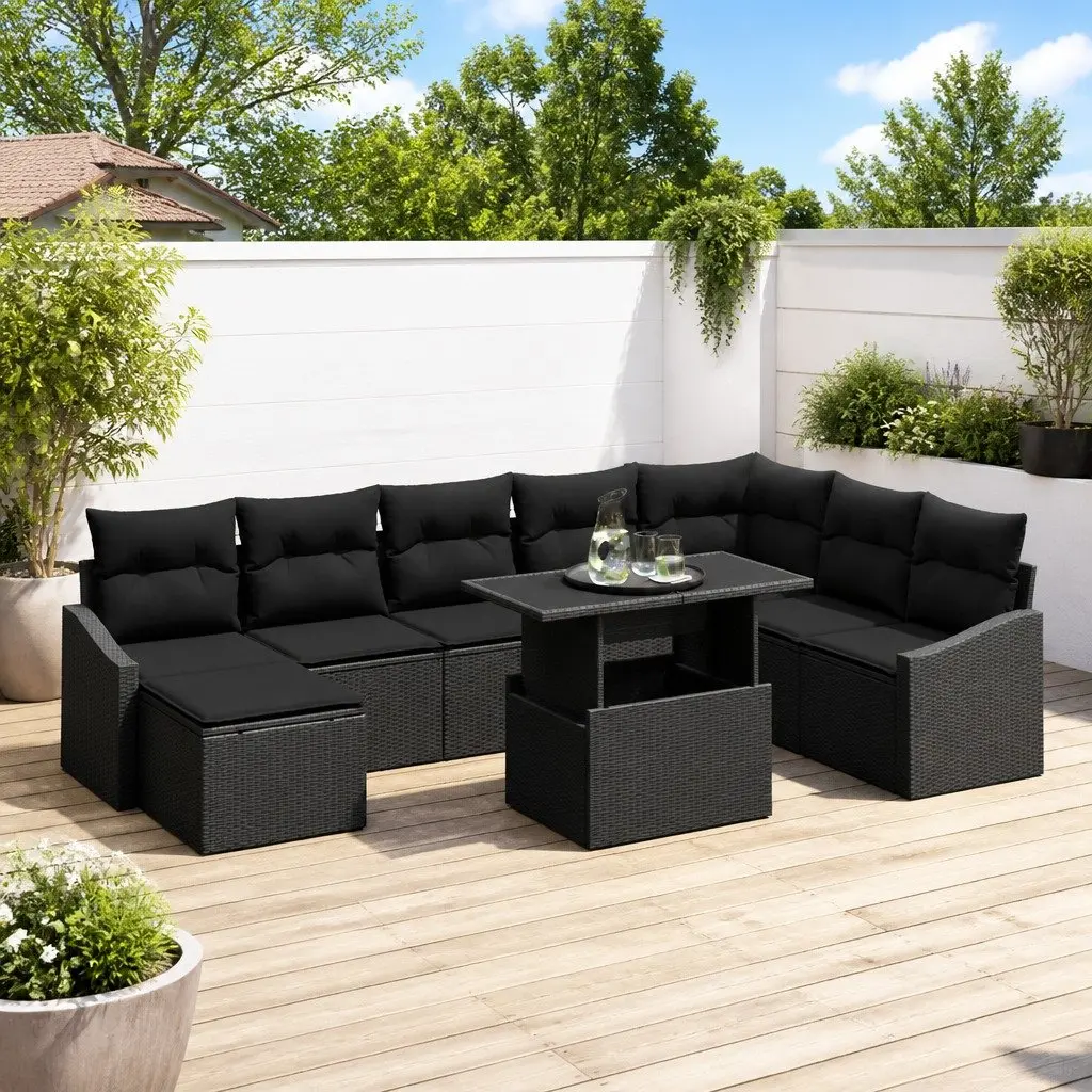 9 Piece Modular Outdoor Garden Sofa Set Black Poly Rattan Patio Furniture