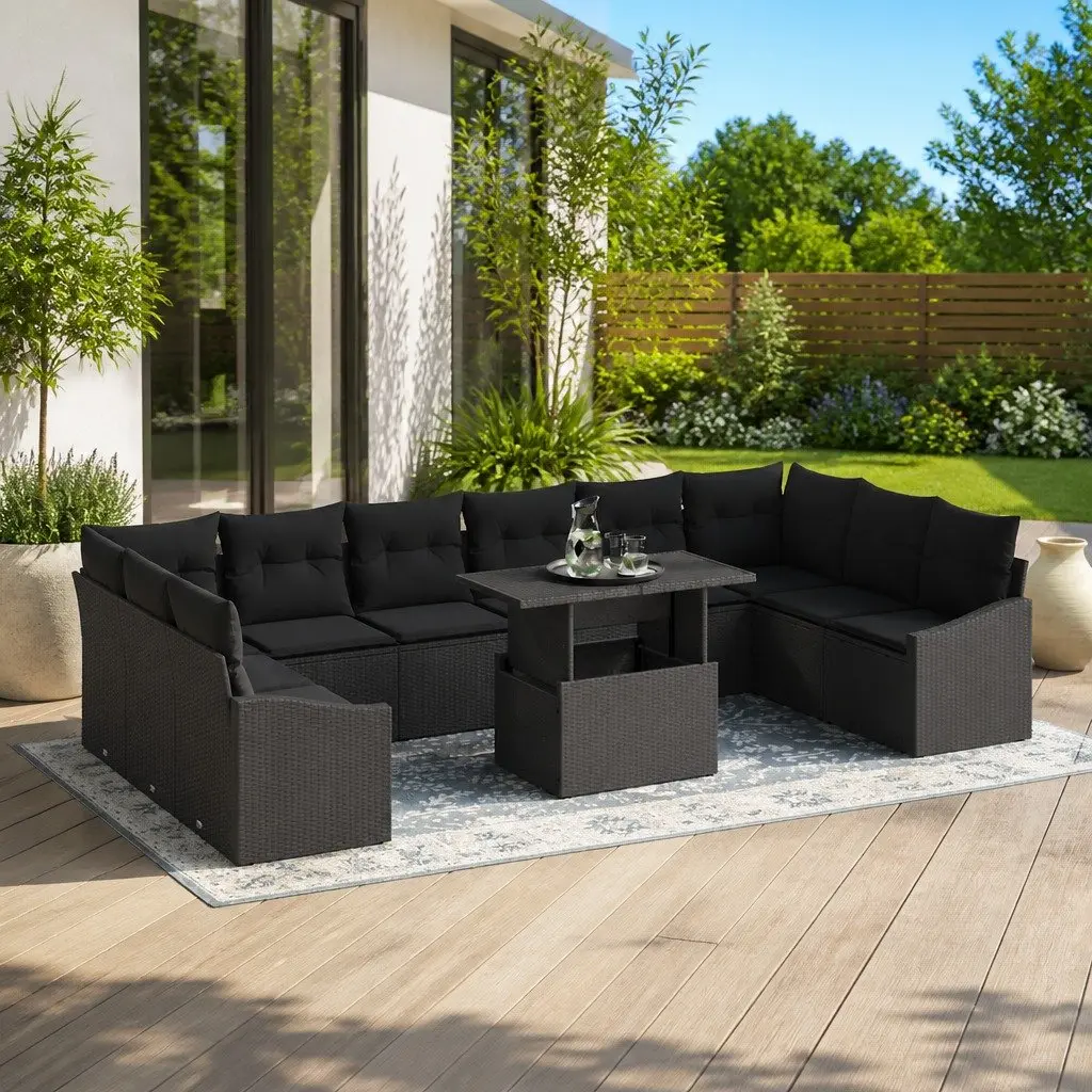 Garden Sofa Set Modular Black 11 Pieces Outdoor Lounge Poly Rattan Furniture
