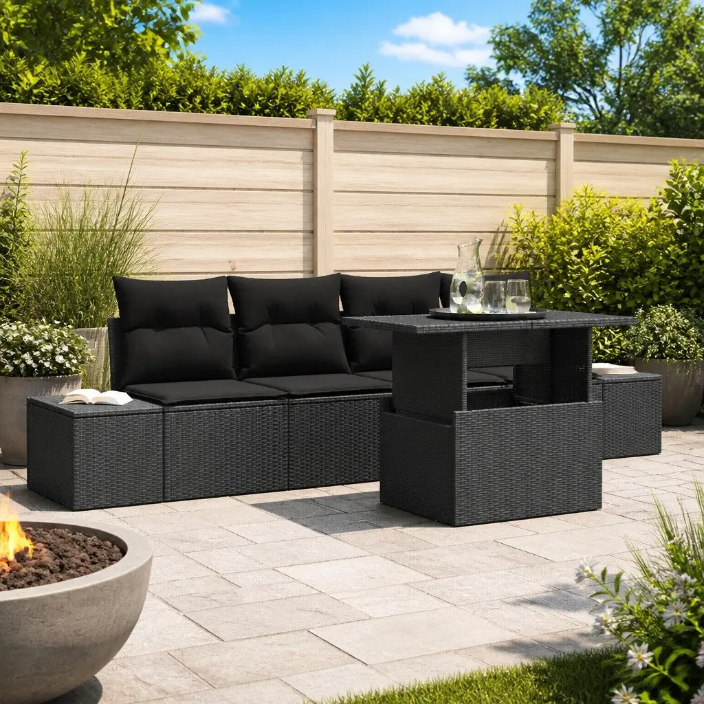 Outdoor Garden Sofa Set 5 pcs Black Poly Rattan Modular Seating Cushions