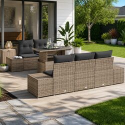 Garden Sofa Set 6 Piece Outdoor Sectional Grey Poly Rattan Steel Frame Modular