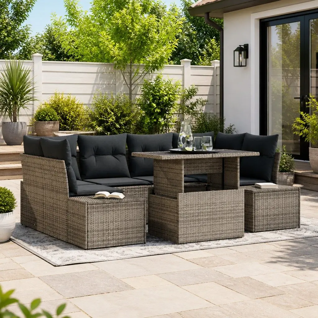 7 Piece Outdoor Sofa Set Adjustable Dining Table Grey Poly Rattan Garden Furniture
