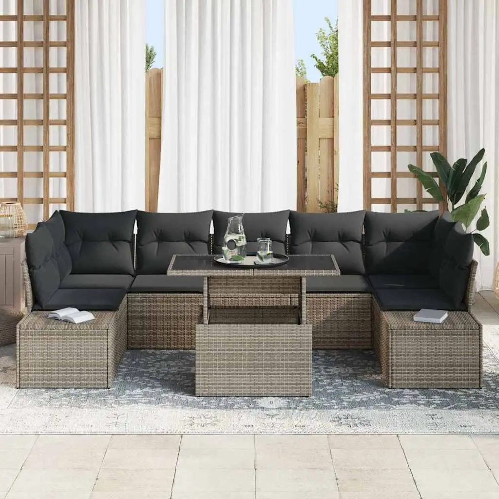 Outdoor Garden Sofa Set 8 Pieces Grey Poly Rattan Steel Frame Patio Seating